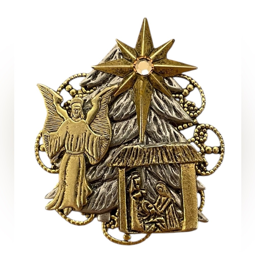 Vintage Two Tone Christmas Nativity Scene Bethlehem Holiday Pin Brooch Unique